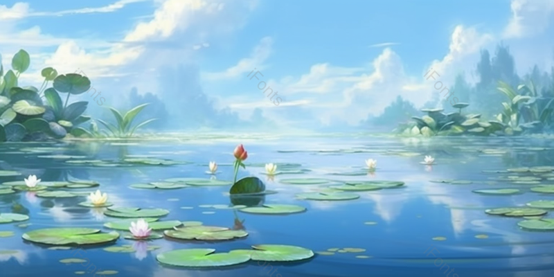 蓝色盛夏荷塘荷叶荷绽放写实插画背景,插画/手绘图,插画/手绘图库,插画/手绘图下载,插画/手绘